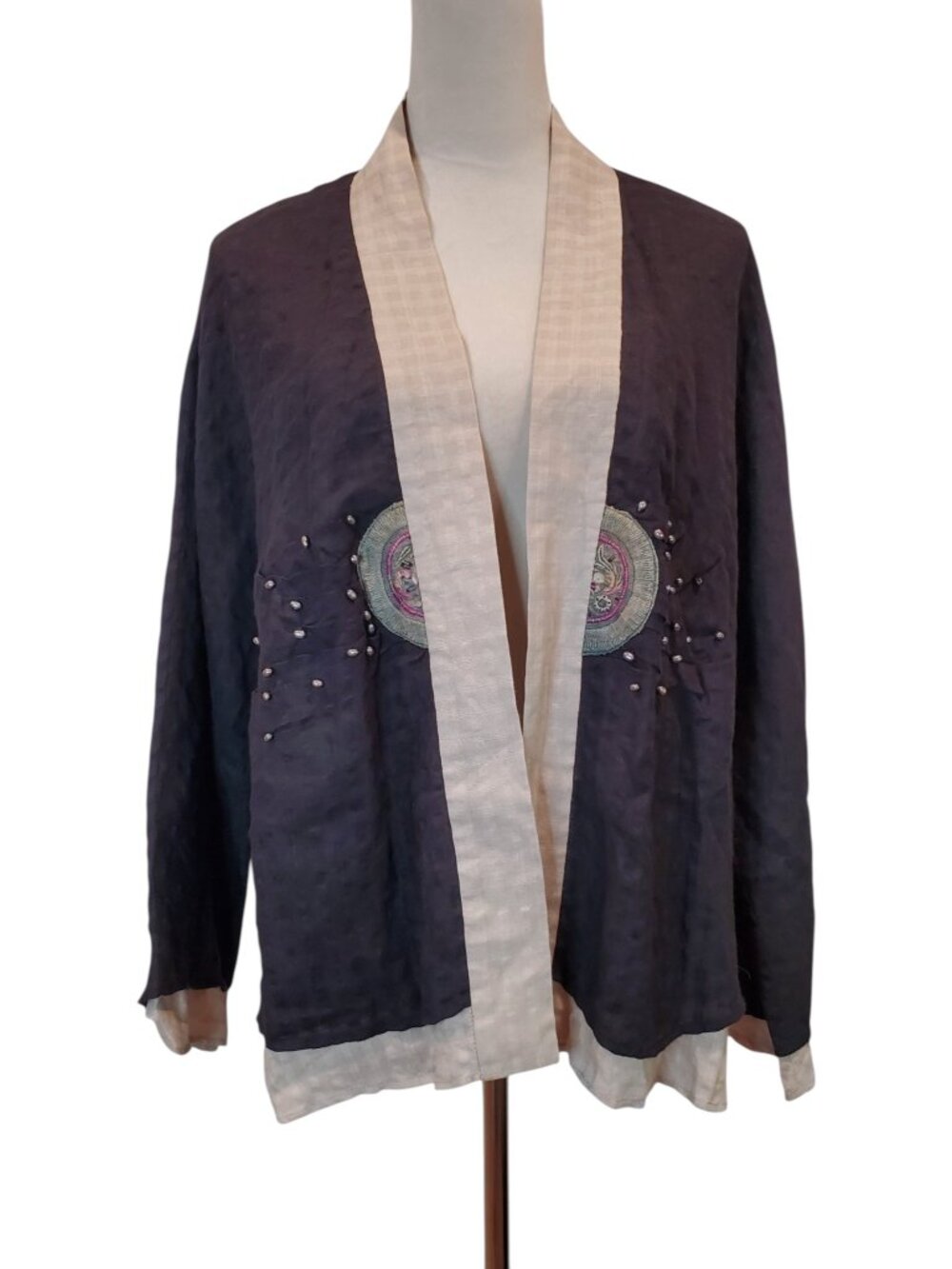 FCE Five Color Kimono Jacket Linen Open Front Embroidered Beaded Black Size L